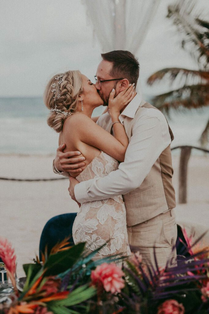 bridal updo and bridal makeup touch-ups on wedding day Riviera Maya, Tulum. 