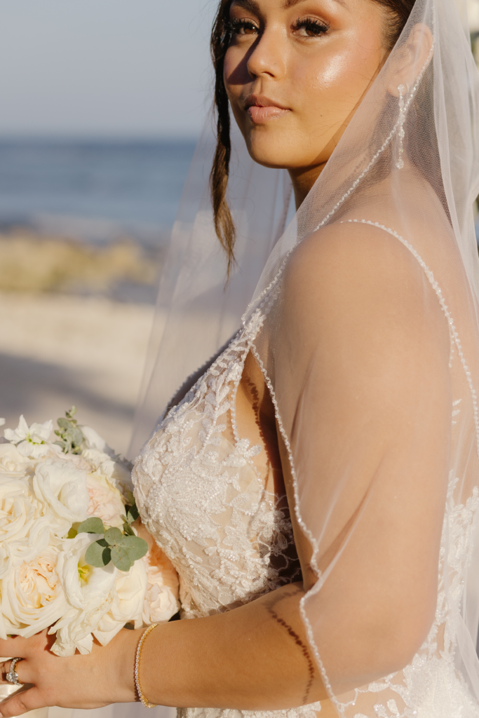 Glowing luminous bridal skin look by Sarah Garnier Hair & Makeup Pros at Blue Venado Seaside Wedding in Mexico